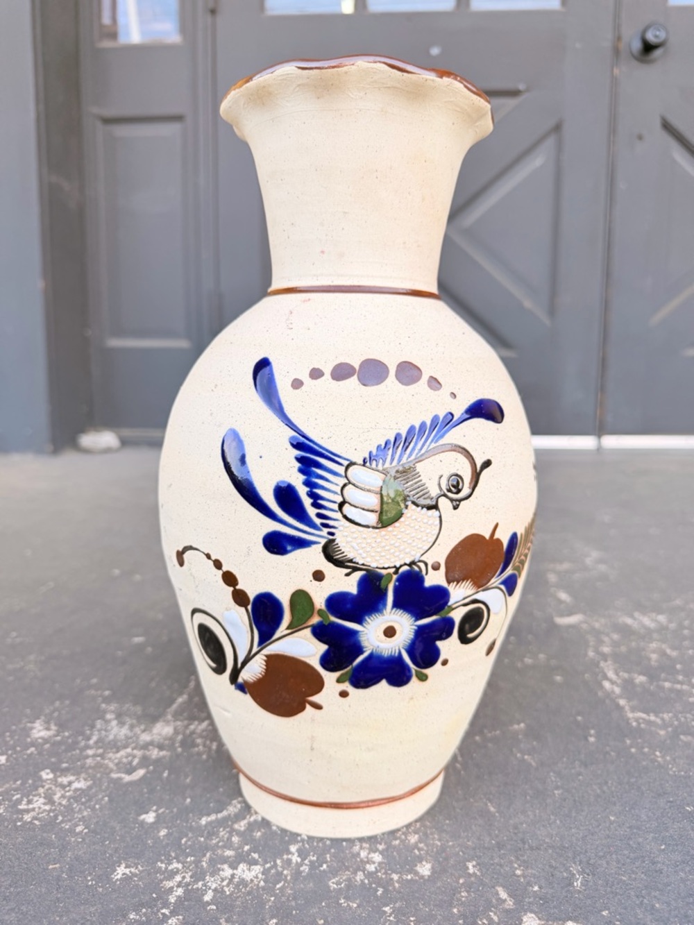 Hand-Painted Ceramic Vase with Blue Bird and Floral Motif Mexican Pottery Signed
